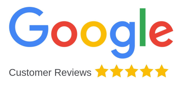 The 'Google' logo with the text 'Custom Reviews' at the bottom along with five yellow stars.