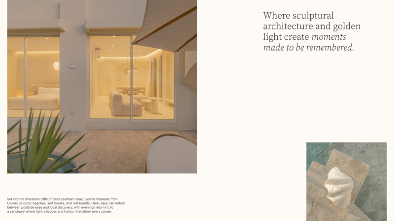 NOUR is a luxurious boutique hotel in Uluwatu, Bali. Set high above the ocean, it offers a tranquil retreat where contemporary design meets the natural beauty of the island. Guided by an atmosphere of warmth and effortless sophistication, the website was designed to reflect the brand’s serene essence. Minimal in form and rich in feeling, it conveys a sense of balance, calm, and understated luxury.