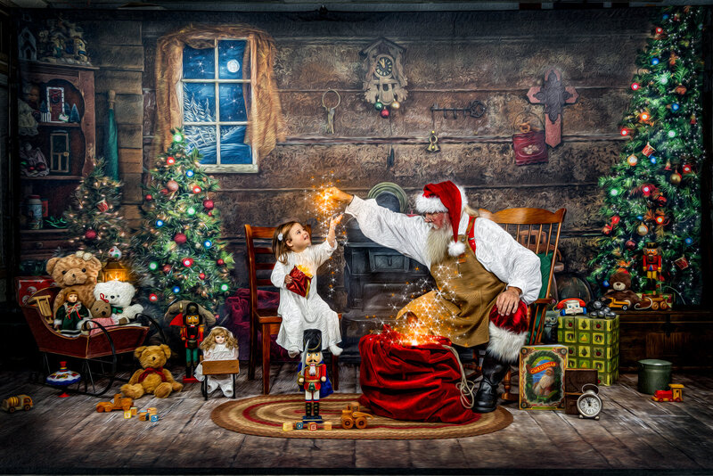 Three Boys Santa Claus Paint Wooden Toys Workshop Magic Bag Magical Memories