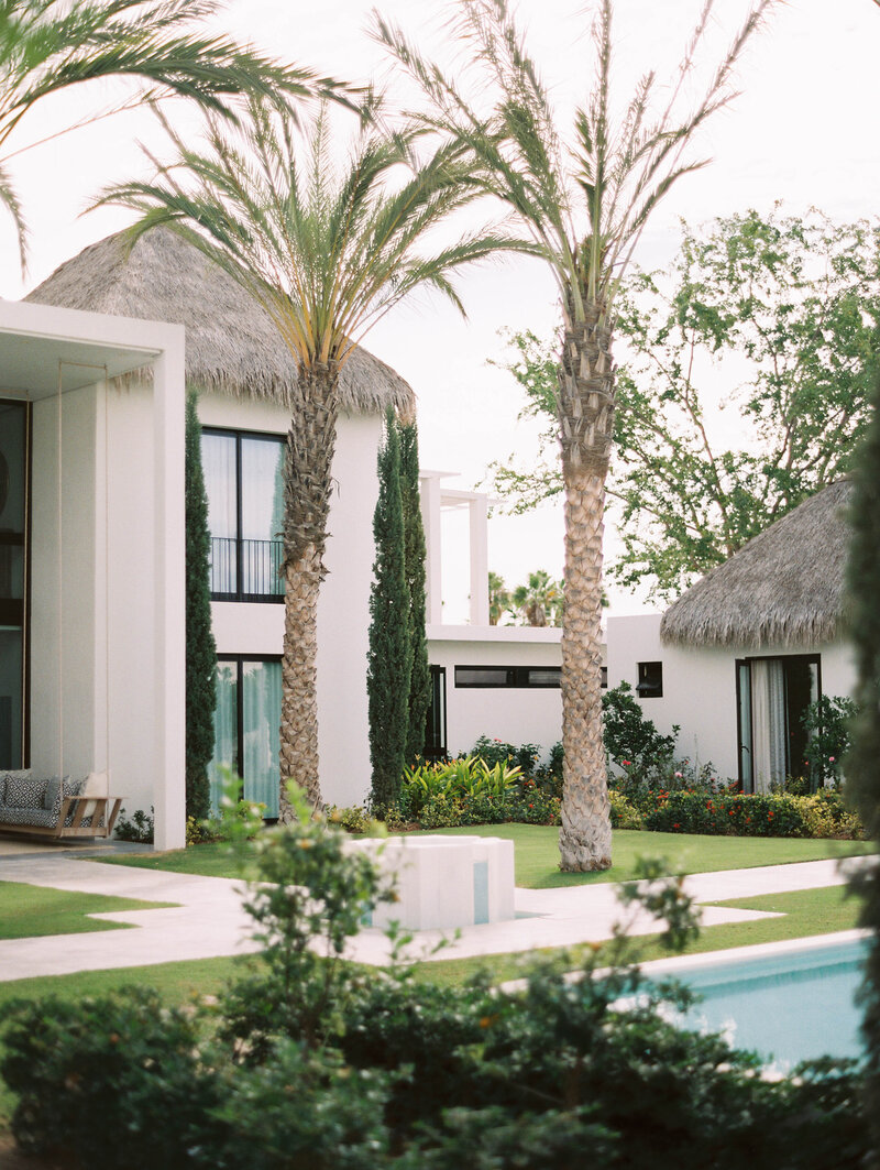 A grand and modern white house with a straw roof and palm trees