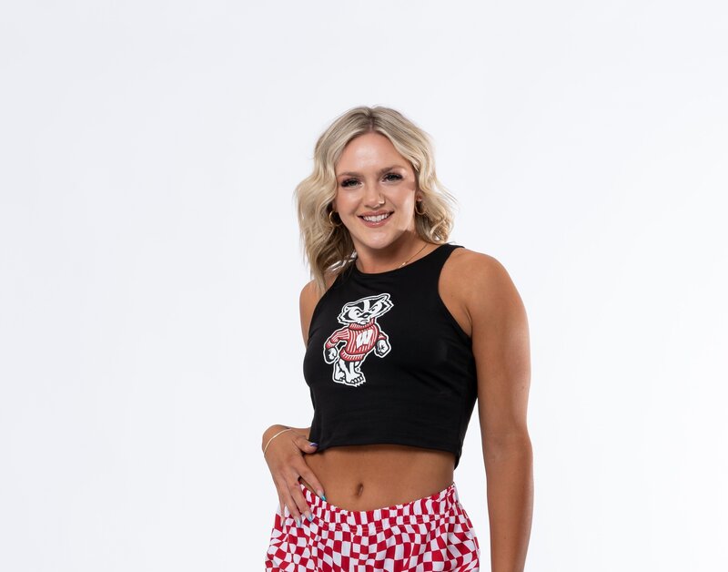 Black cropped tank top in black with Wisconsin badger mascot