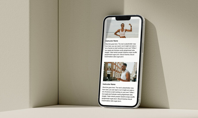 Showit website template about page, featuring fitness studio instructor bios.