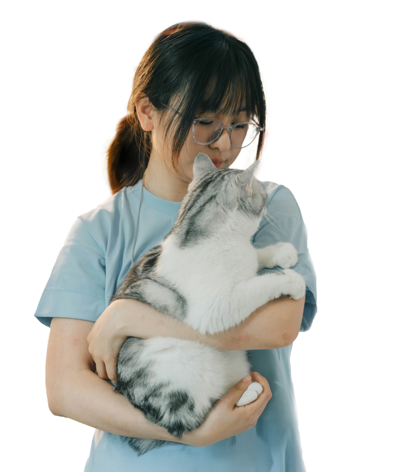 woman holding a grey and white cat