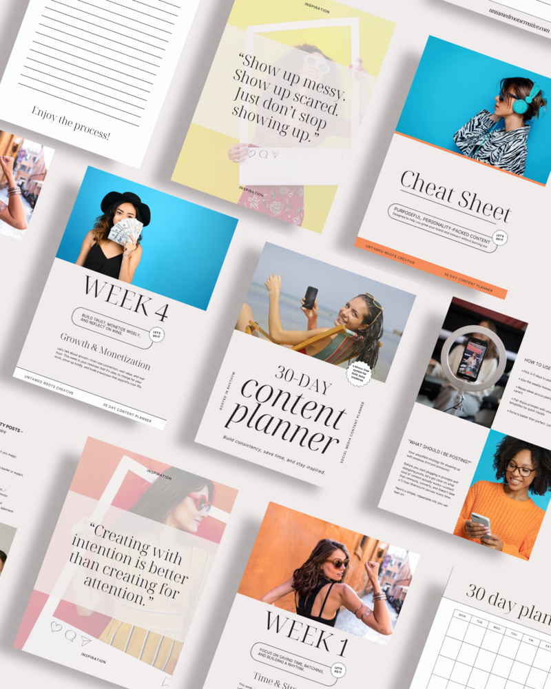 ✔️ 30 days of content prompts based on weekly themes that matter (time-saving, connection, strategy, growth)

✔️ A simple, printable (or fillable!) format that fits your real life

✔️ Designed to work with my Canva templates—but powerful enough on its own

✔️ No fluff, no stress—just clarity, ease, and your voice leading the way