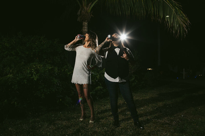 Lesbian-Couple-Drinking-Beers-Engaged-Portraits