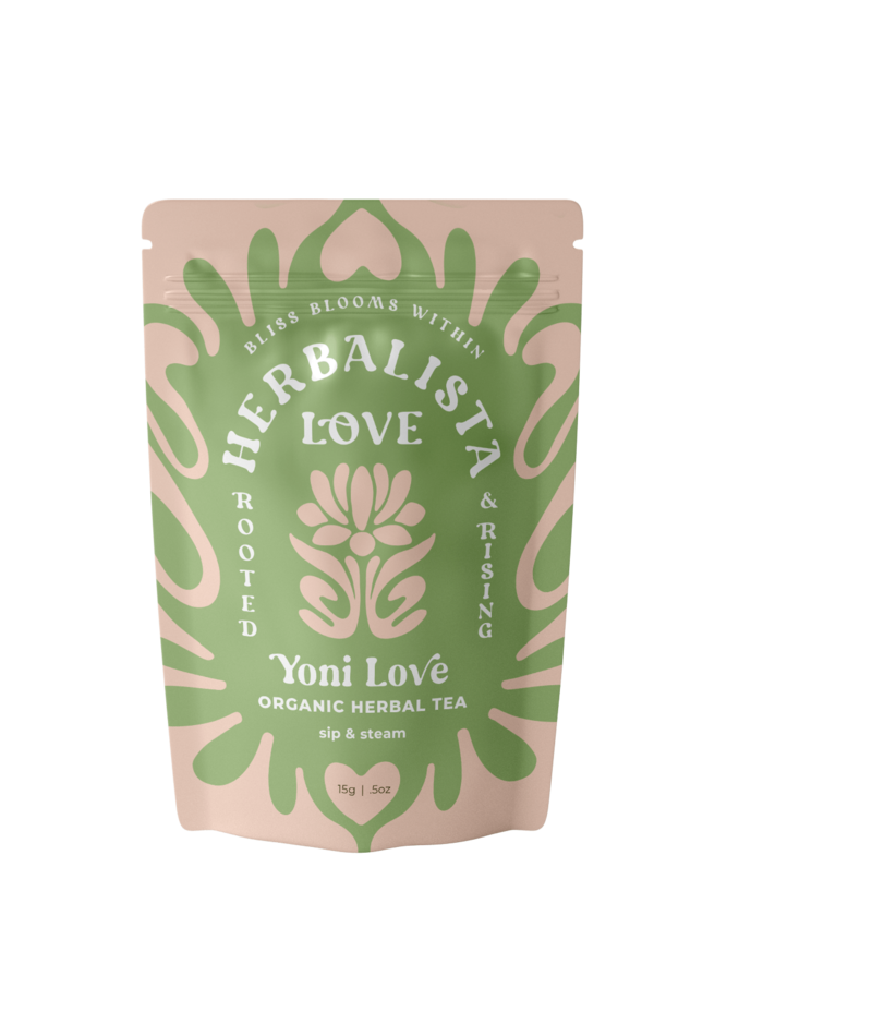 A pouch of Herbalista Love's Yoni Love Organic Herbal Tea, featuring earthy green and soft pink packaging. The label showcases the herbal tea’s focus on natural wellness, with the phrase "Rooted & Rising" and intricate botanical designs emphasizing its organic ingredients and holistic benefits.
