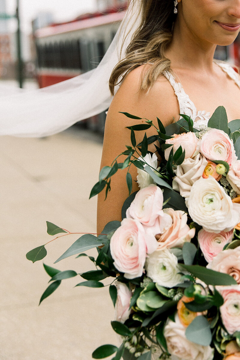 detail of bouquet and trolley