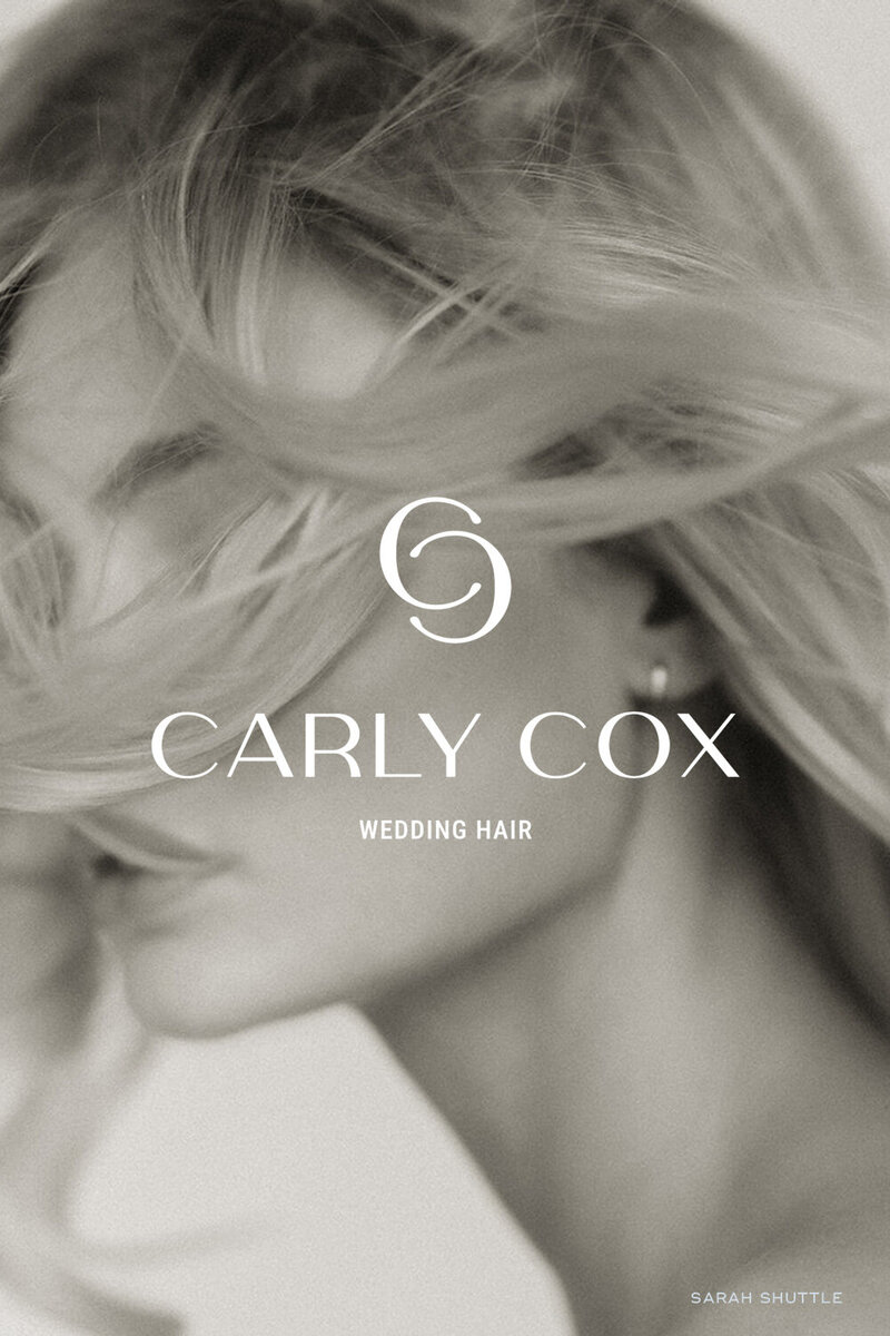 White monogram logo overlaid on close-up hair image for Carly Cox Bridal Hair