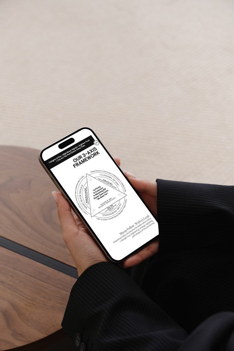 A woman holding a phone displaying the 3-Axis Framework for transforming business positioning.
