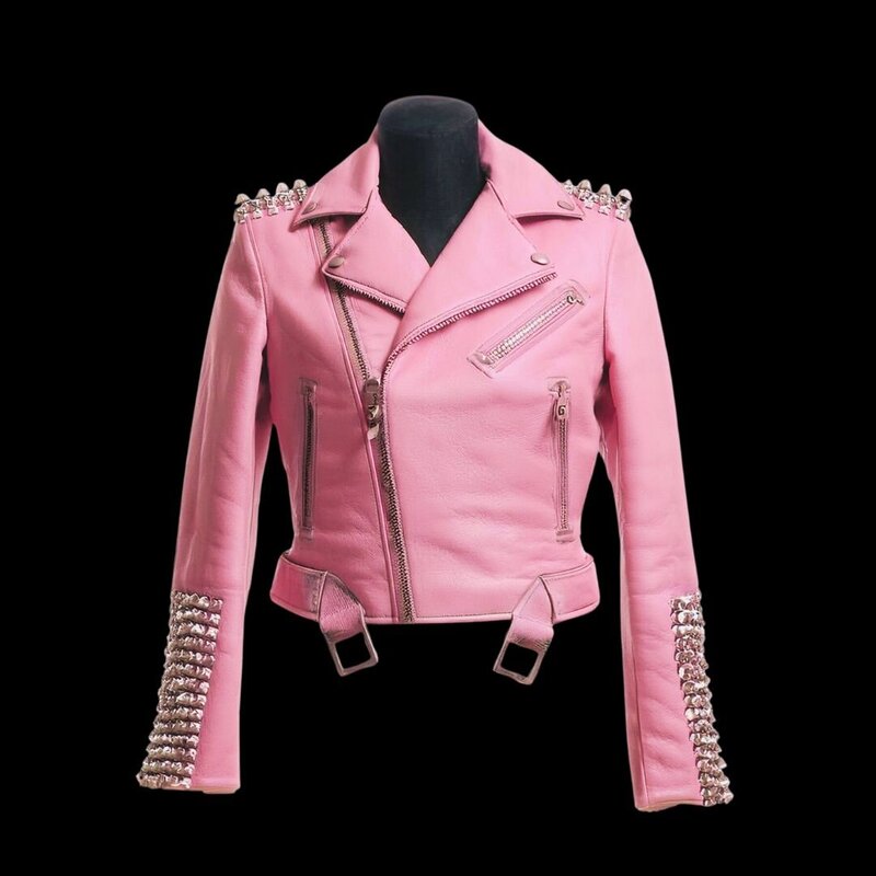 Pink Studded Leather Jacket in Star of Rock Shop Representing Edgy Fashion