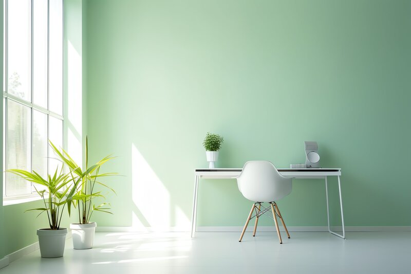 Minimalist workspace with a white chair, white desk, and potted plant against a soft green wall in natural light.
