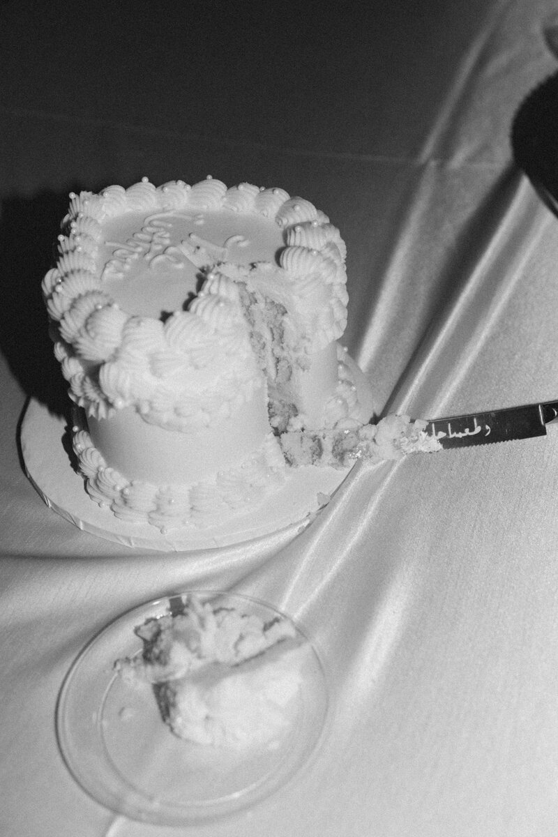 Intimate wedding photographer captures cake cutting details with flash of vintage style cake in Birmingham AL