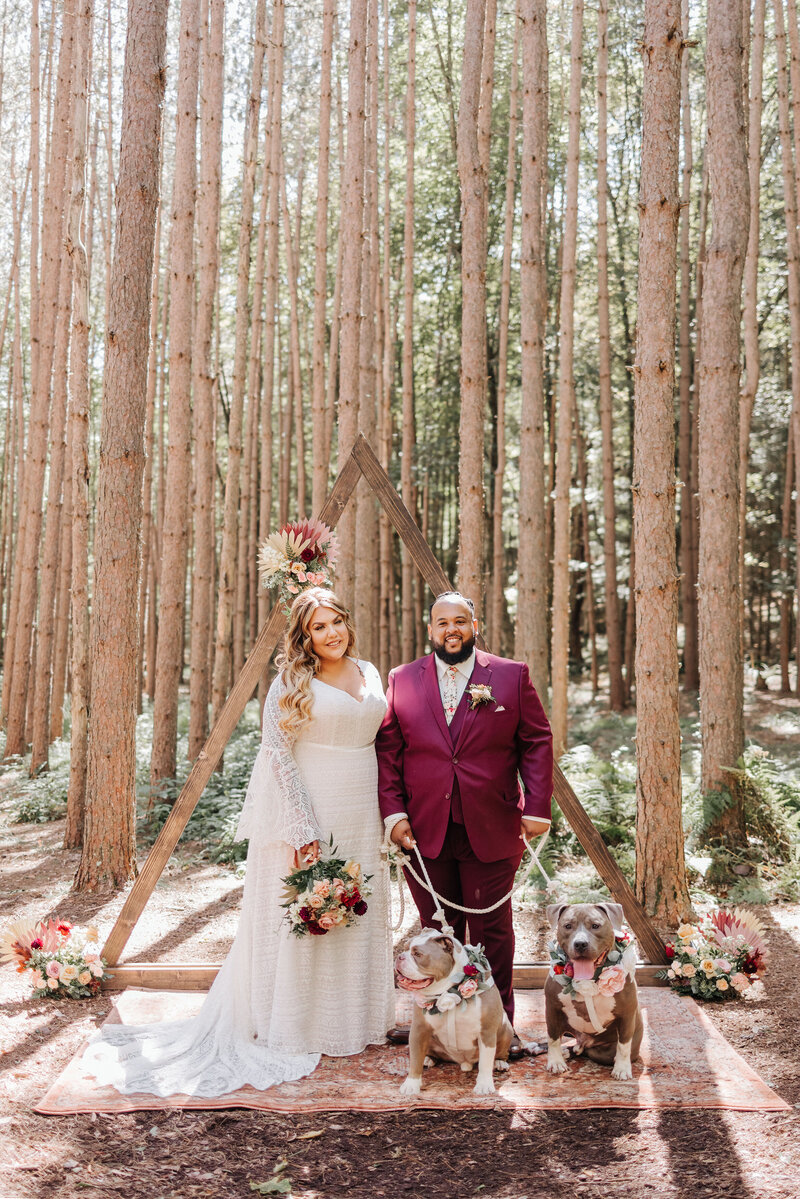 An interracial couple and their dogs stand on a terra cotta rug in font of a triangular wedding ceremony arbor in the woods