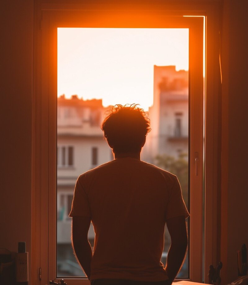 Person standing alone at a window during sunset, symbolizing the loneliness, reflection, and hope that come before healing through affair recovery therapy with Relationship Experts in Miami and across Florida.
