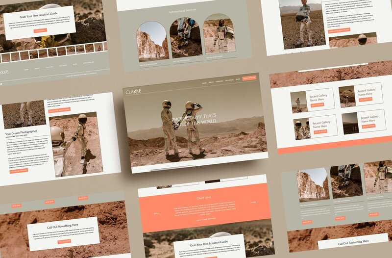 screenshot of nine website template pages laid on in an even grid