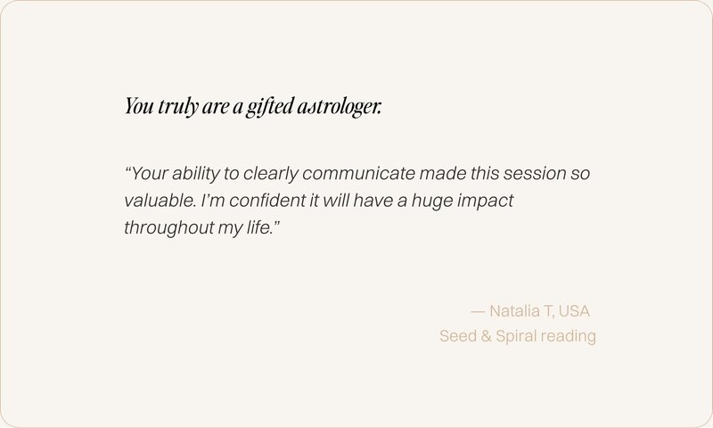 Client review graphic for Seed and Spiral astrology readings with Lidia Ranieri.