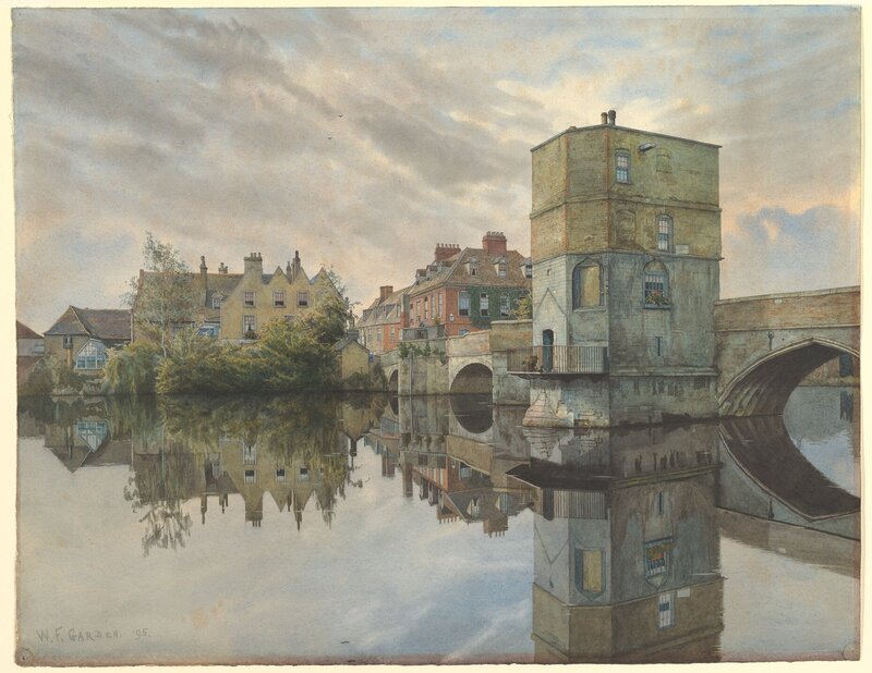 watercolor of village with stone bridge by a lake