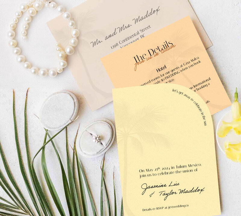 Custom wedding invitation paper suite by Unadorned Stationery, wedding signage and stationery in Vancouver, British Columbia, featured on the Brontë Bride Vendor Guide.