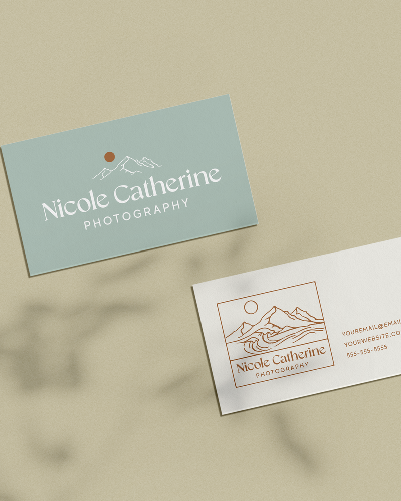 A mockup of custom branding business cards for an earthy adventure elopement photographer.