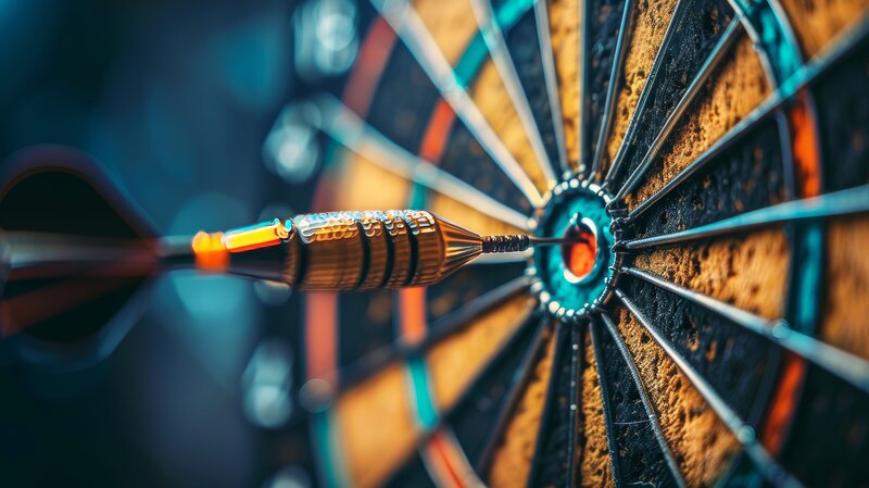 Close-up of a dart that hit the bullseye.