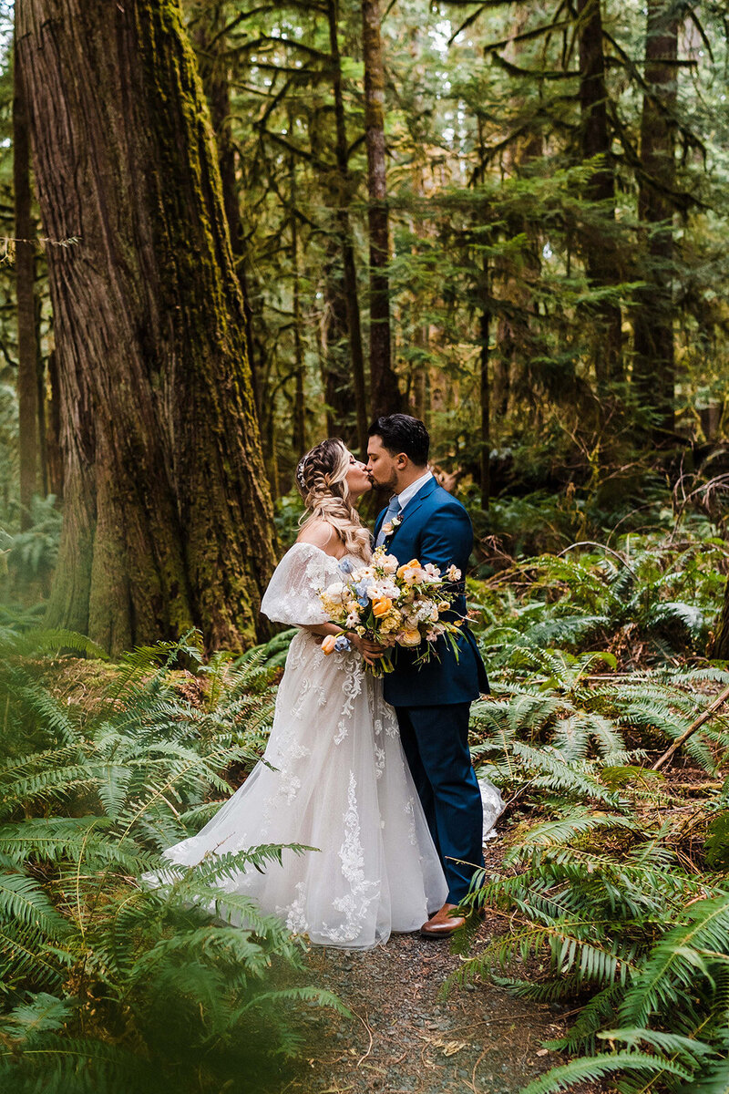 Bride & groom kissing among ferns and old grow forest during their elopement in Olympic National Park!
