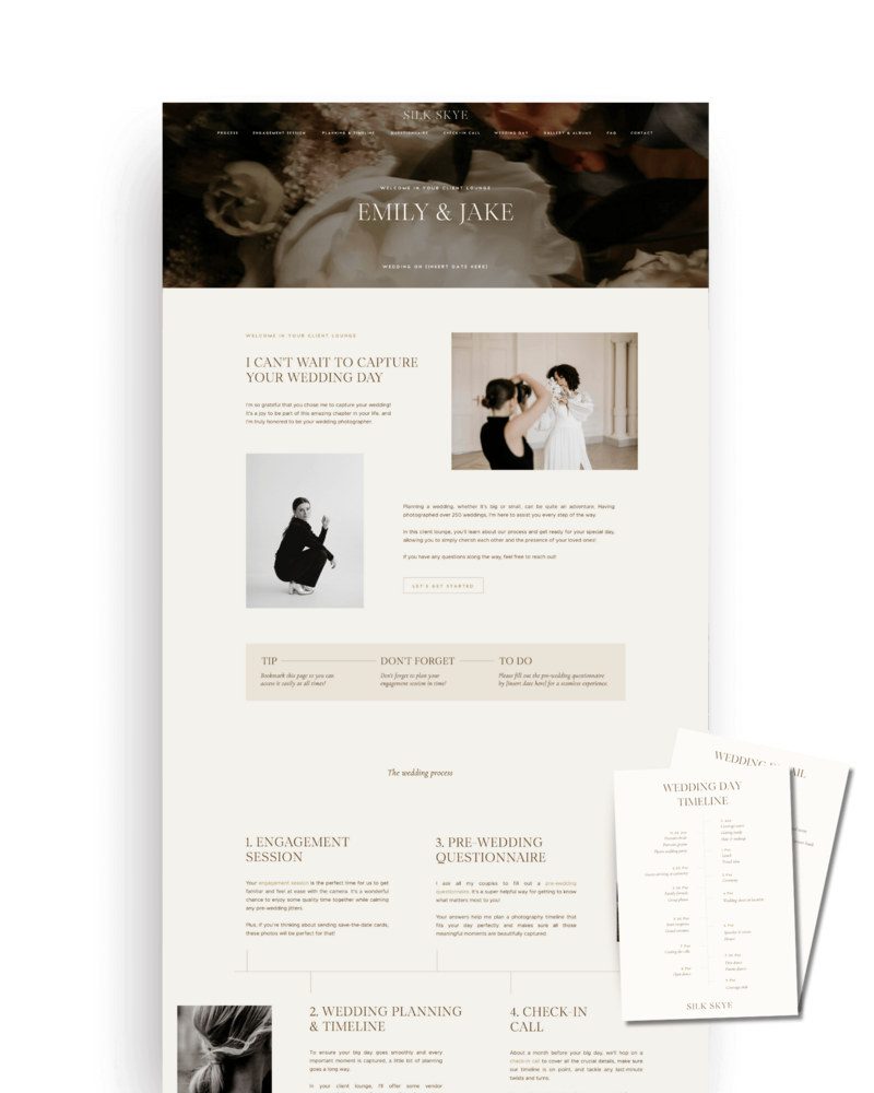 Showit Wedding Client Lounge template for wedding photographers