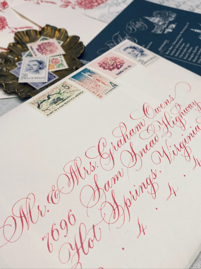 envelope with custom red calligraphy