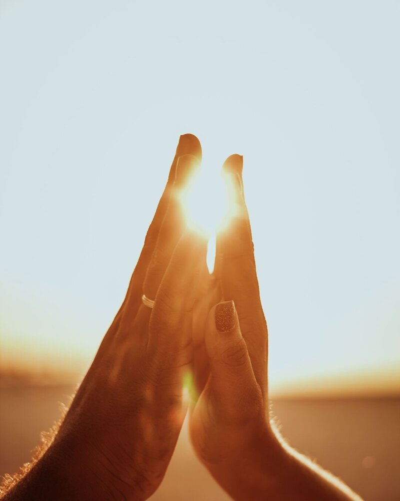 two hands holding in the light of the sun, a man's hand a woman's hand