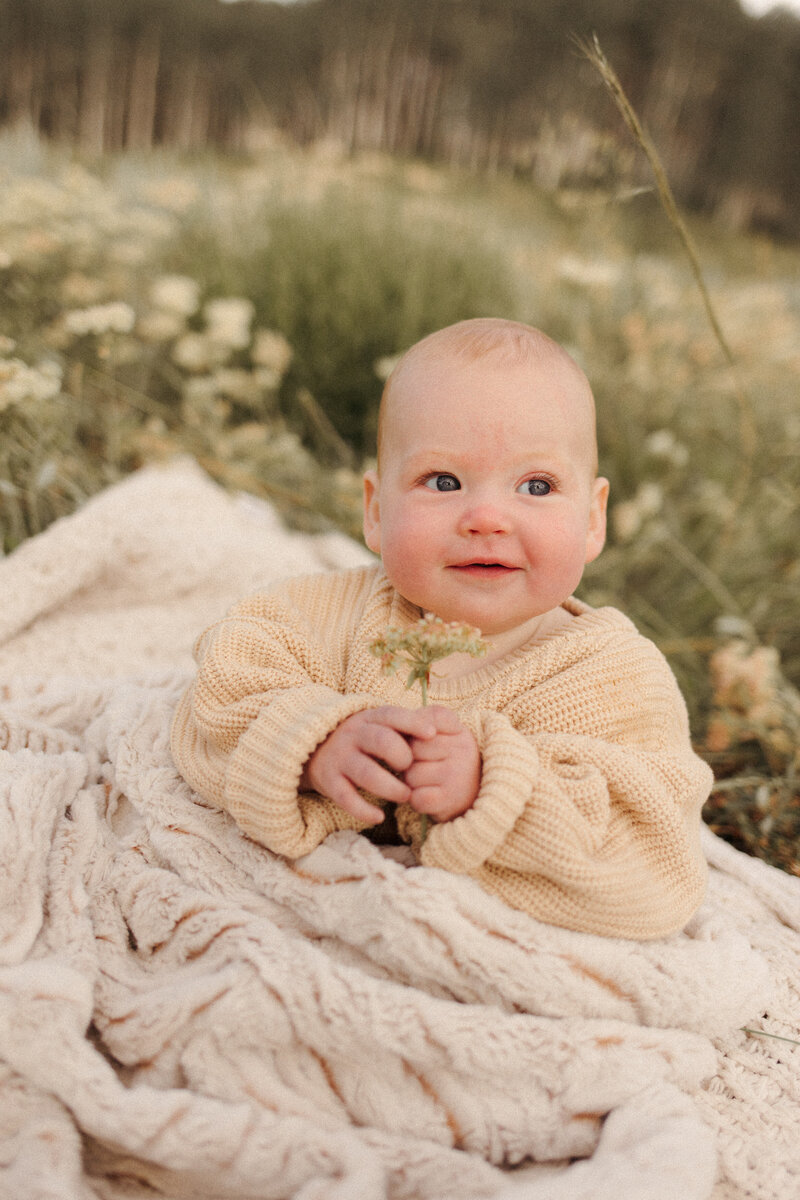 A baby sitting in a field of wild flowers holding flowers and wearing a big sweater.