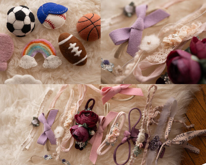 details of many tiny props and headbands for newborn photo sessions