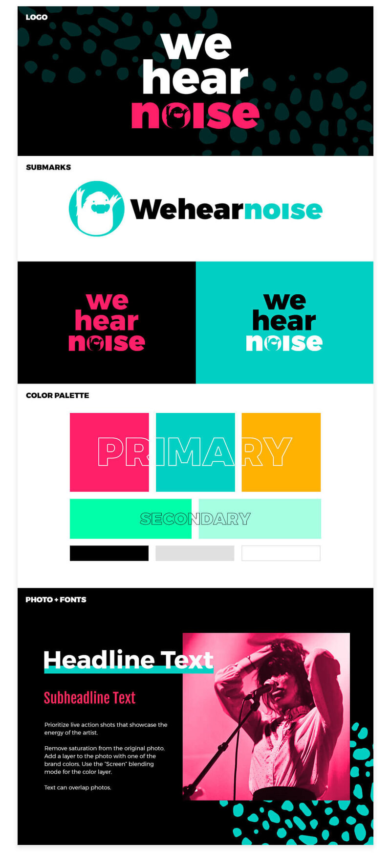 Wehearnoise Branding Identity Design - including logo design variants, color palette, and photography with fonts
