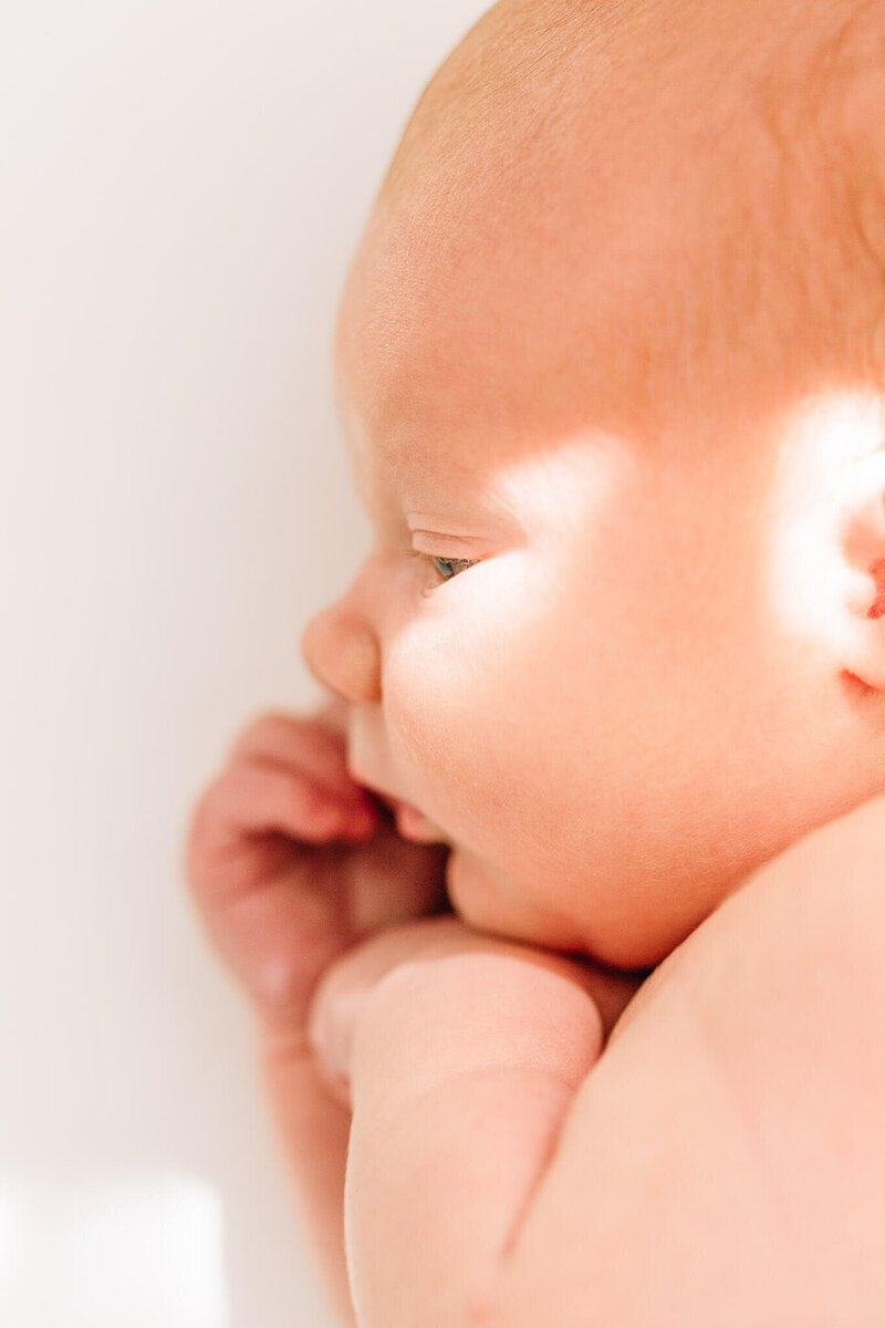 A peaceful close-up of a newborn captured by a Cleveland lifestyle newborn photographer. Perfectly lit and natural.