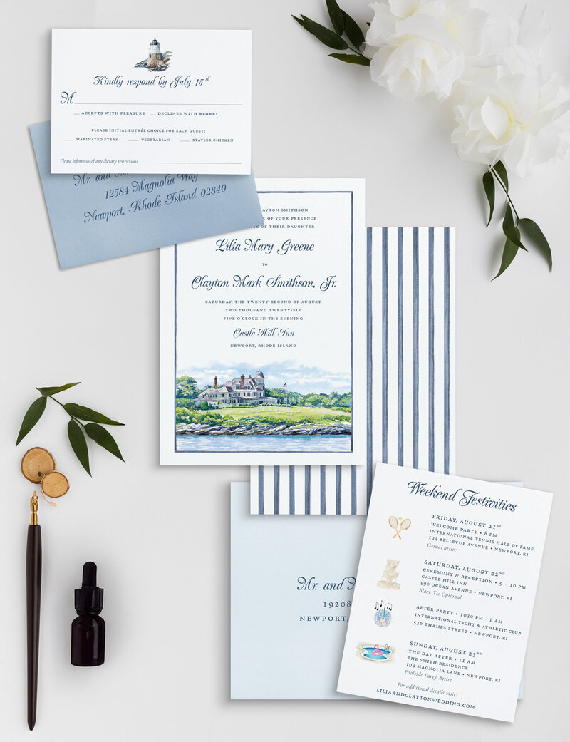 Birds and floral wedding invitation with tile design background , blue envelope with tiled pattern liner