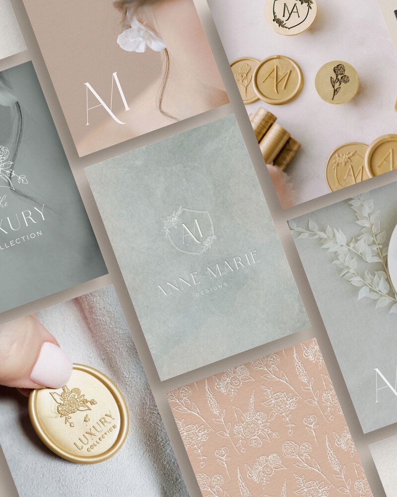 Collage showcasing the full brand identity for Anne-Marie Designs