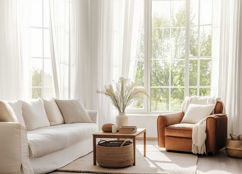 Bright living room with brown leather armchair