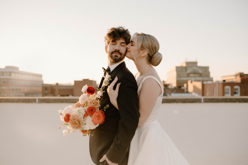 Bride and groom walk up memorial steps at their DC wedding