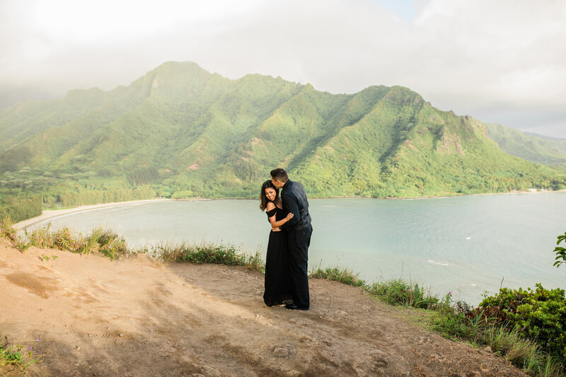 engaged couple on top of mountain in hawaii