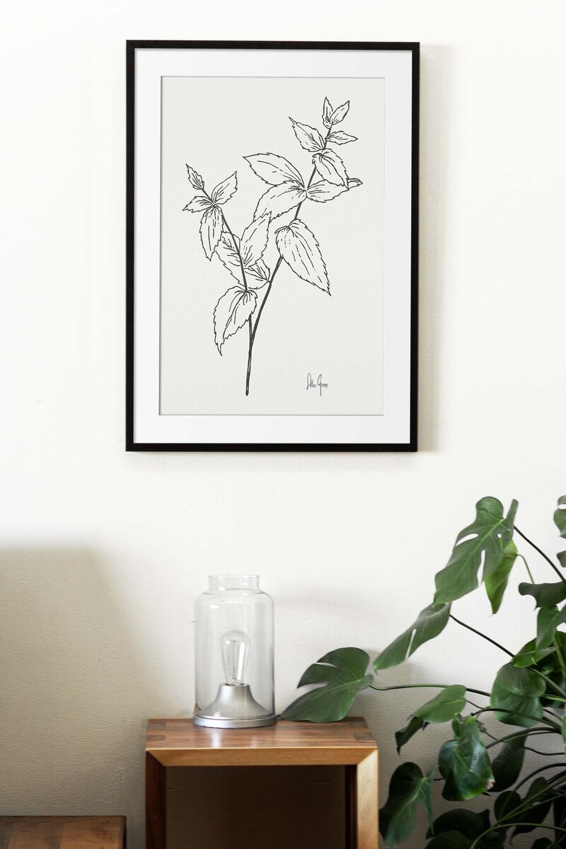 Highly detailed hand drawn mint leaf stem - modern, minimalism, monochromatic, ink drawing, botanical art by Atlas Greene