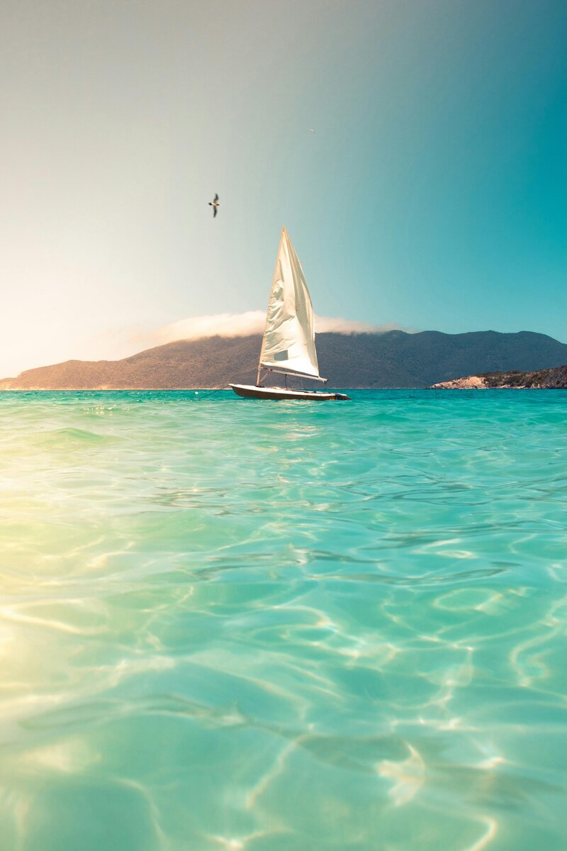 Image of a small boat near the coast with very teal water