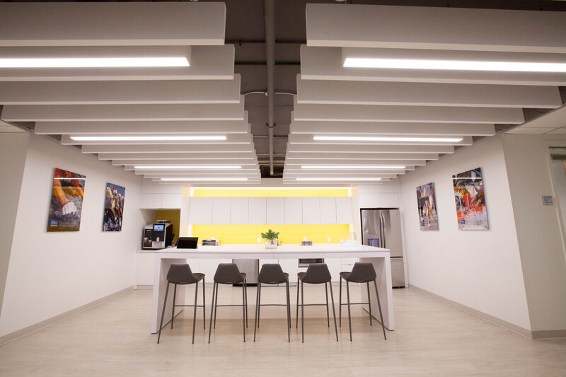 modern corporate meeting area with countertop and stools
