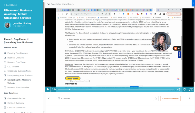 screenshot of the ultrasound business academy curriculum dashboard