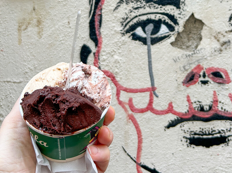 Contrasting flavors of gelato from La Strega Nocciola in Florence, Italy