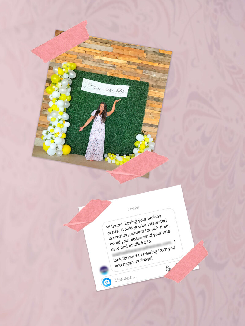 bulletin board with screenshots of the first client direct message that launched caroline bell creative