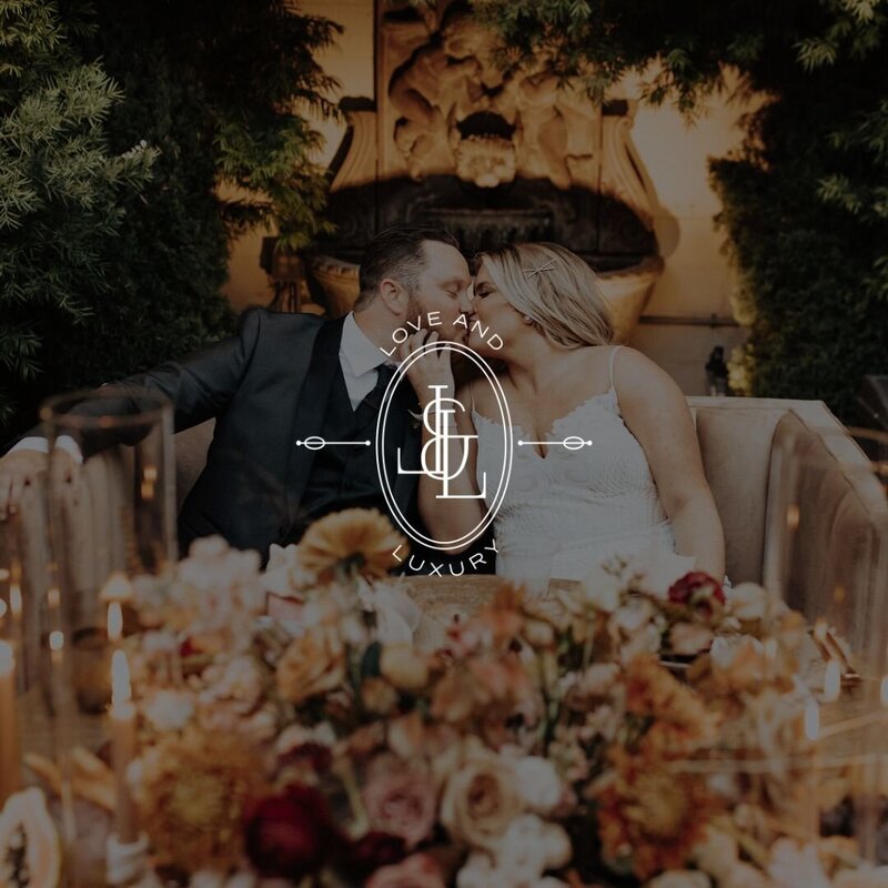 Love & Luxury Events monogram branding over a romantic couple photograph