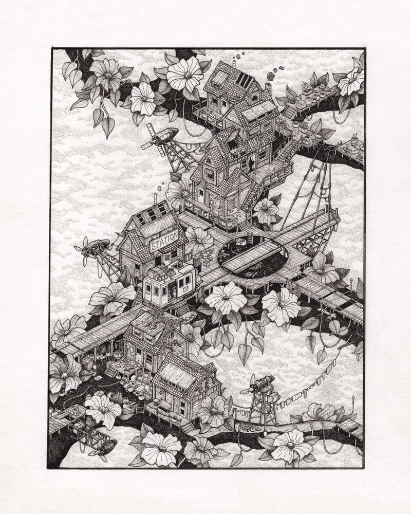 Overview of the turntable branch and train station with multiple flowers and wind turbines. Pen and ink illustration. Whimsical.