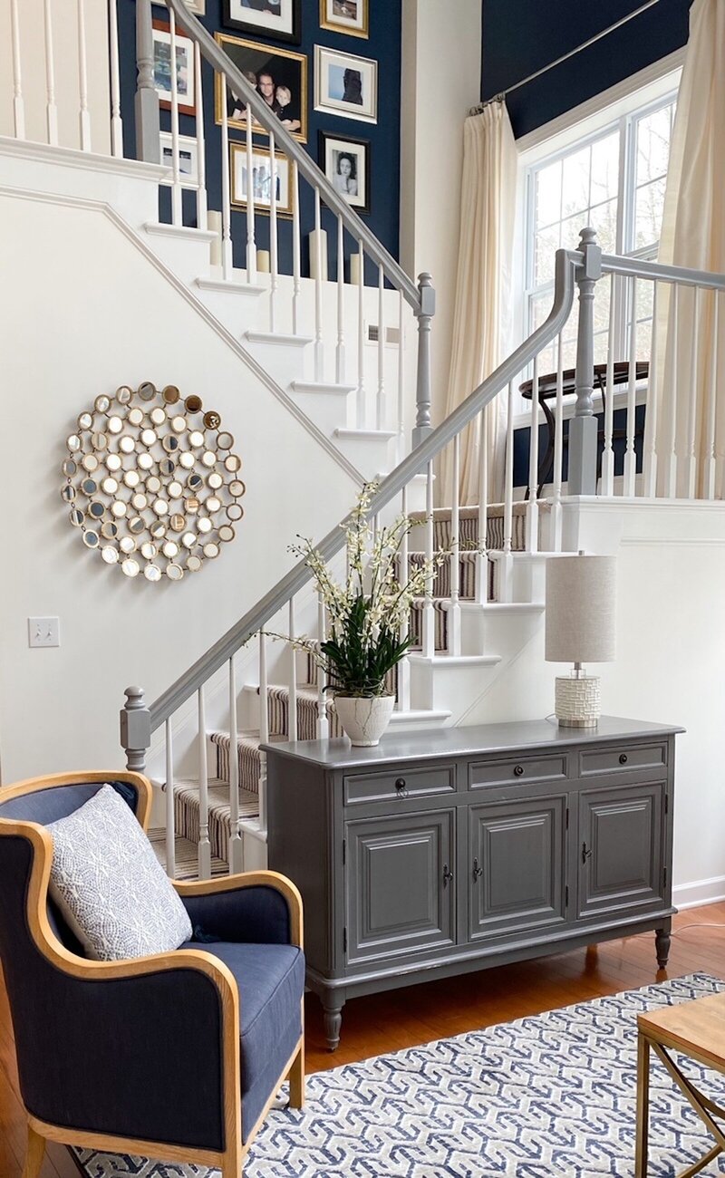 grey interior styling paint on walls up the stairs