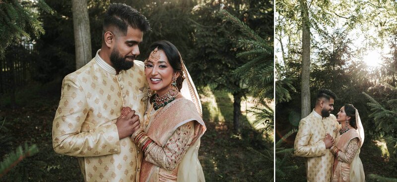 South Asian couple hug and enjoy solitude after ceremony in the canopy of the trees at Royal Alberts Palace