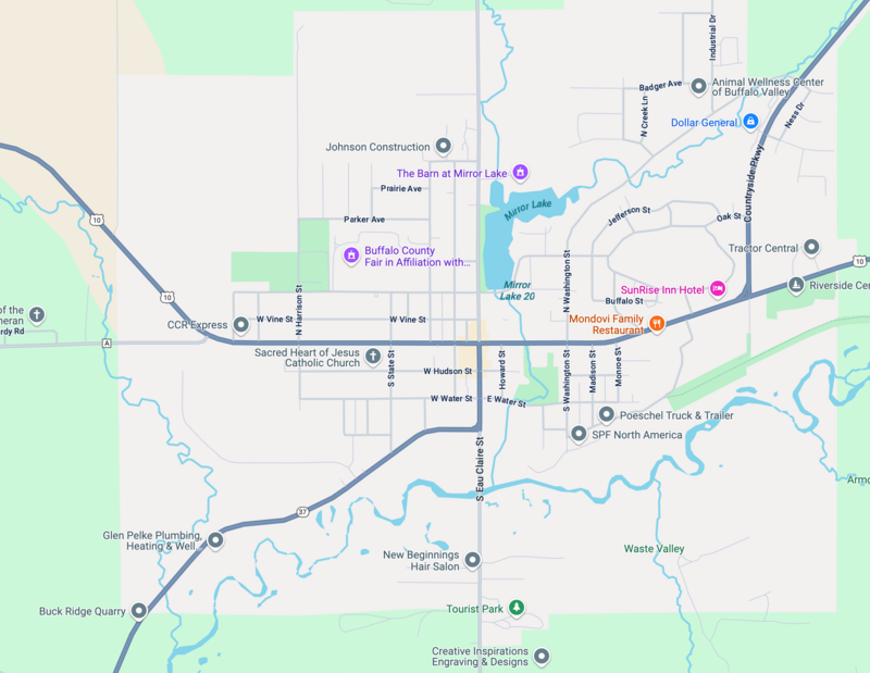 Google map showing the location of AMK Cleaning Services in Mondovi, WI