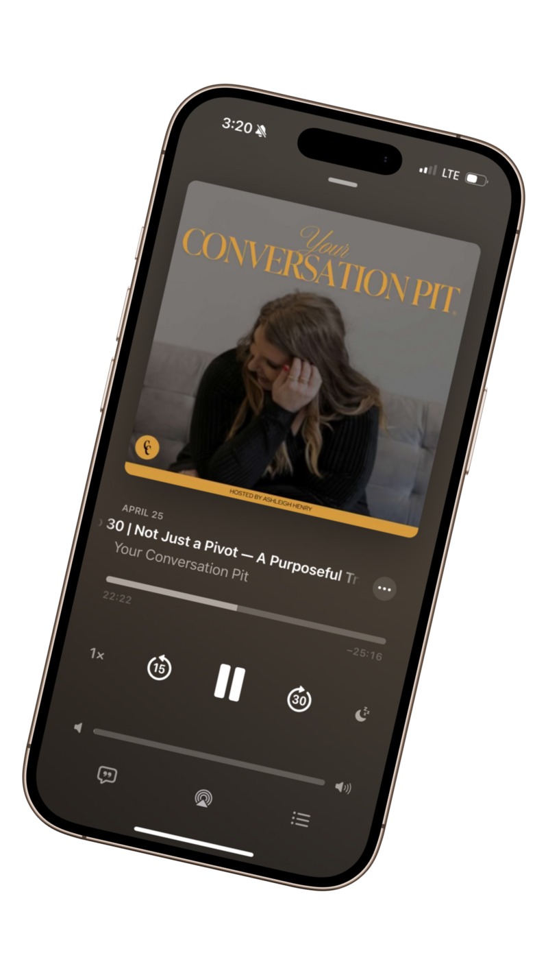 Ashleigh C. Henry’s podcast Your Conversation Pit shown on a phone screen with gold accents and soft shadows, evoking a nostalgic yet modern space for soulful, unfiltered conversations.