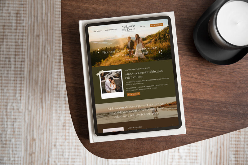 A website for an elopement photographer shown on an iPad